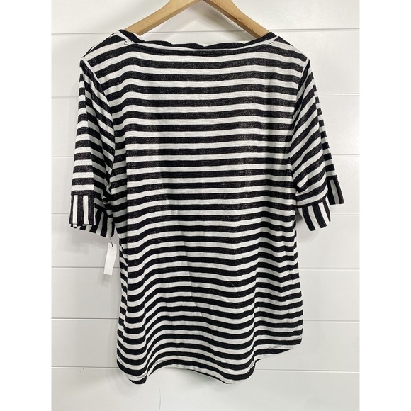 Talbots Shirt Womens Large Black White Striped Ruffle Sleeve Metallic Tee Top - Picture 5 of 12